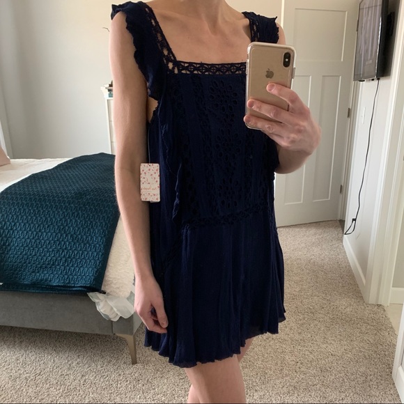 Free People Priscilla Dress Crochet Trim Navy XS - Picture 2 of 3